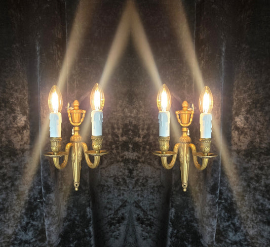 Traditional Pair Vintage French Empire Style 2 Arm Brass Electric Sconces Lights