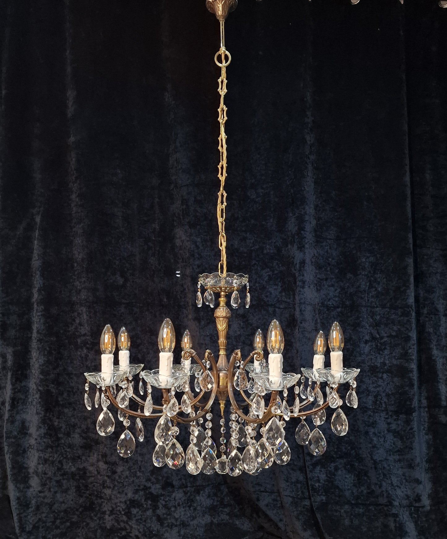 RESERVED Decorative 8 Arm Vintage Italian Glass Crystal and Brass Leaf Chandelier Light