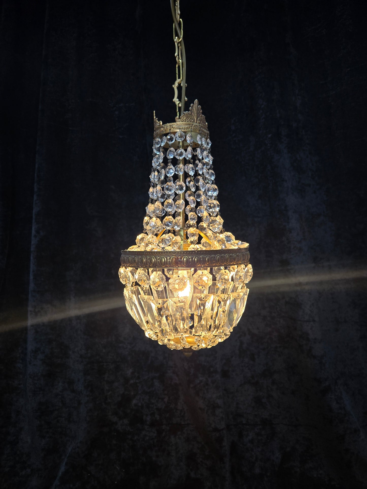 Traditional Antique French 1 Light Brass and Crystal Montgolfiere Chandelier