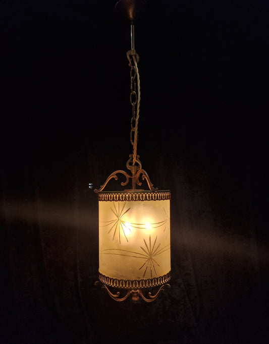 Classical Vintage Italian Cylinder Cut Glass Starburst Brass 3 Light Lantern