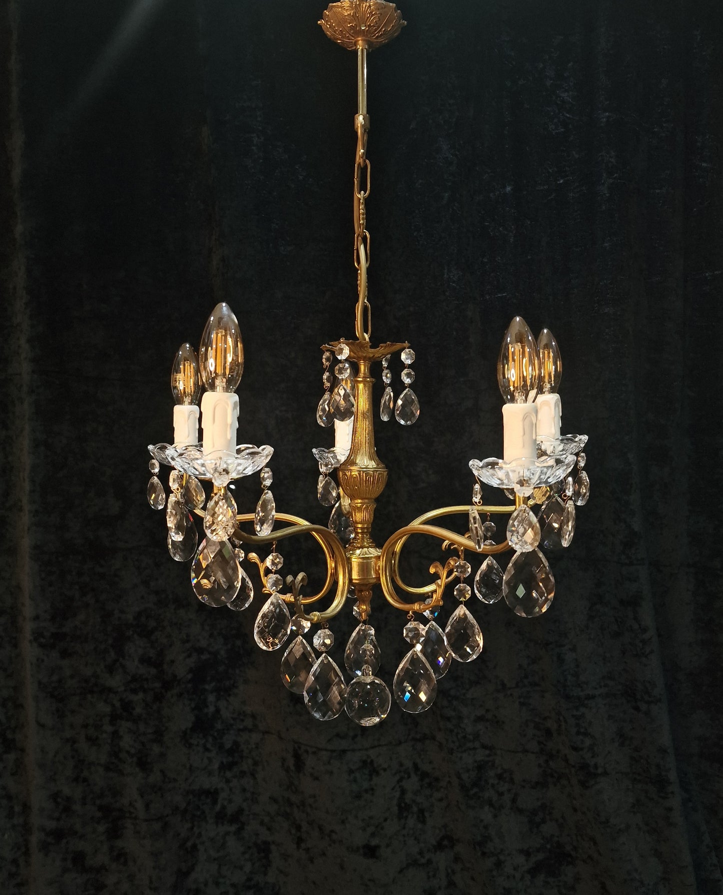 Lovely Vintage French 5 Arm Brass and Crystal Leaf Chandelier Ceiling Light