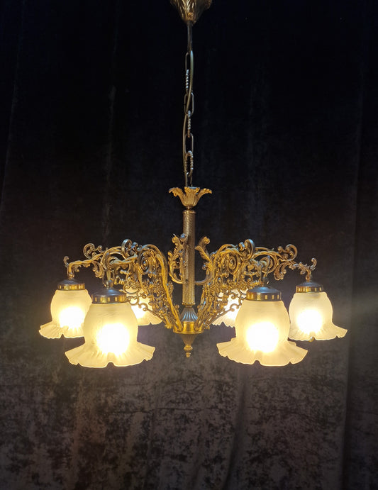 Decorative Vintage Italian 6 Arm Brass Chandelier Ceiling Light with Shades