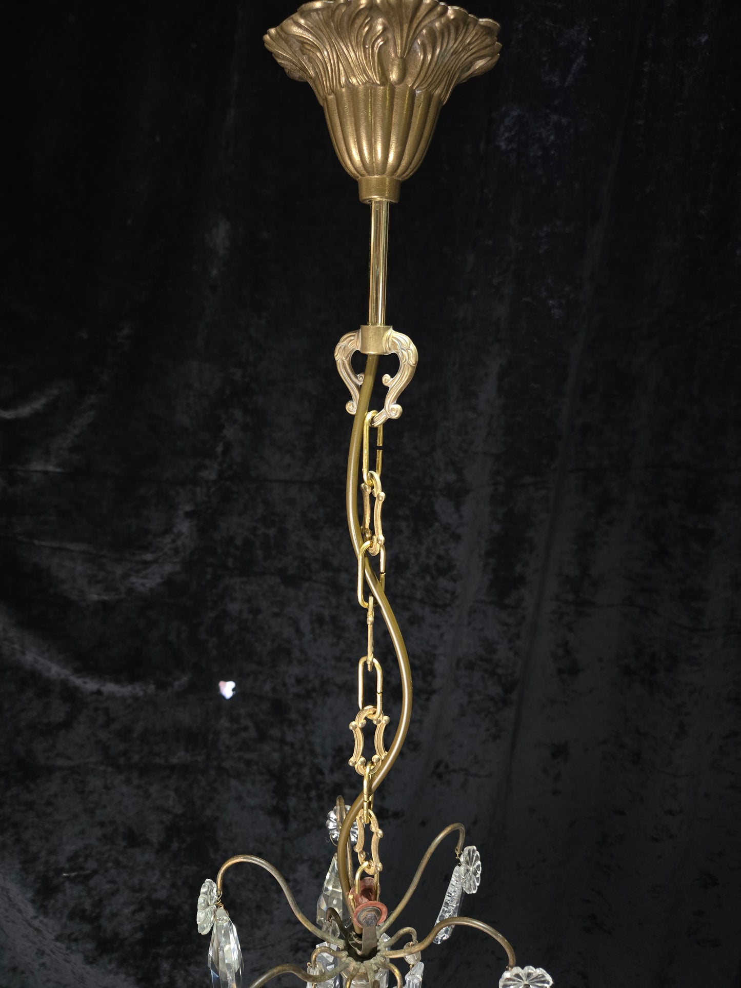 Traditional Tall Antique French 6 Arm Brass Crystal 3 Tier Chandelier Light