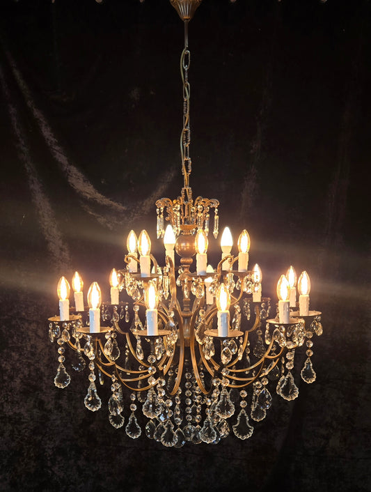 Fabulous Large Vintage Italian 12 Arm 18 Light Brass Crystal Leaf Chandelier