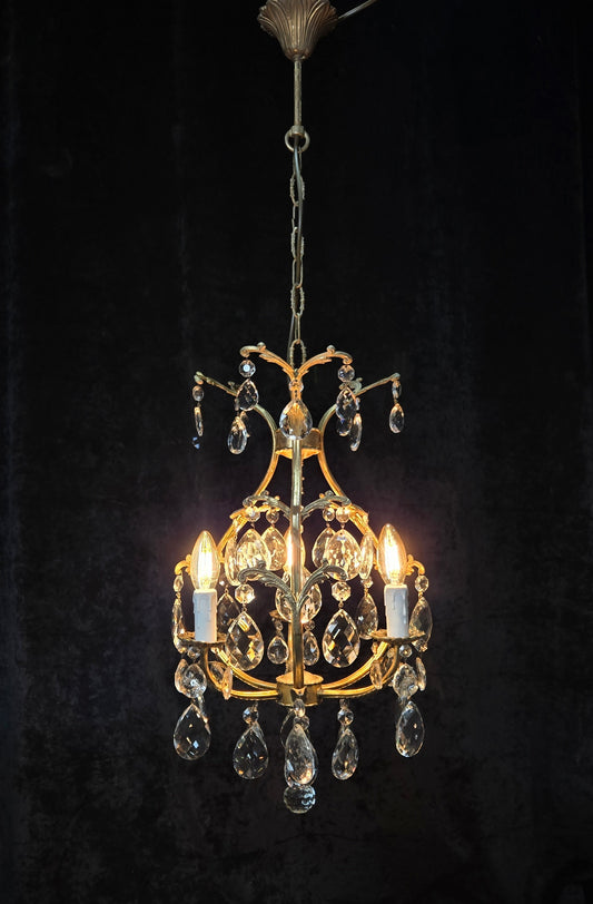Beautiful Vintage Italian 3 Arm Brass Crystal Cage Chandelier Ceiling Light