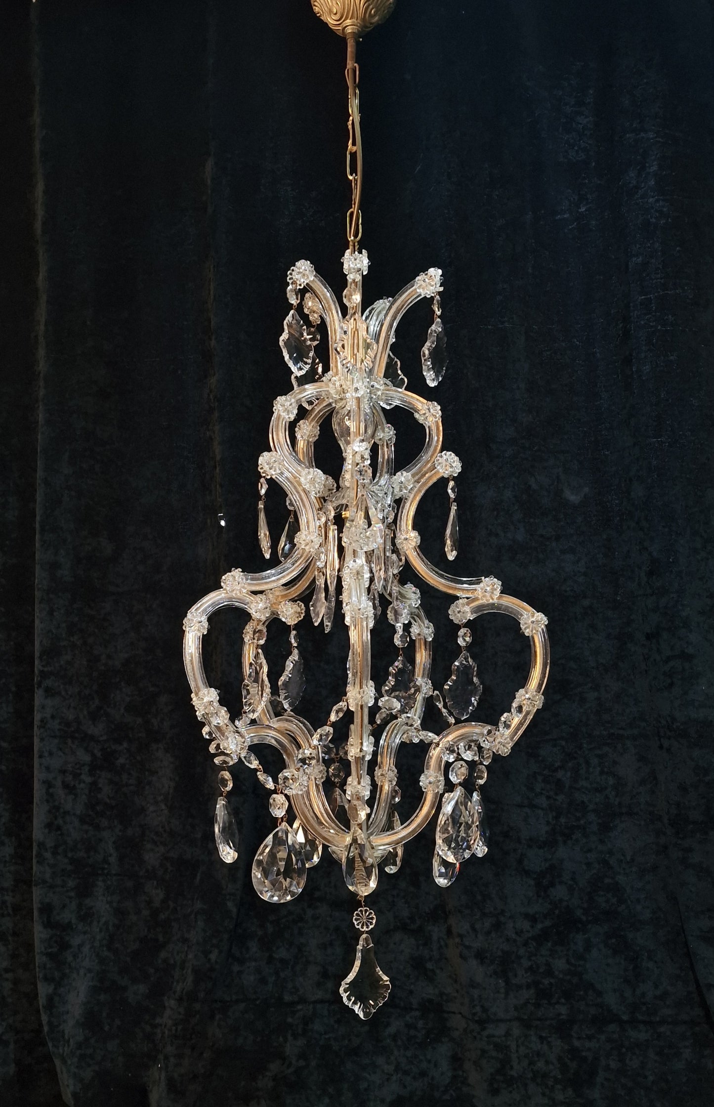 Gorgeous Vintage French Tall 1 Light Brass Glass Marie Therese Cage Chandelier