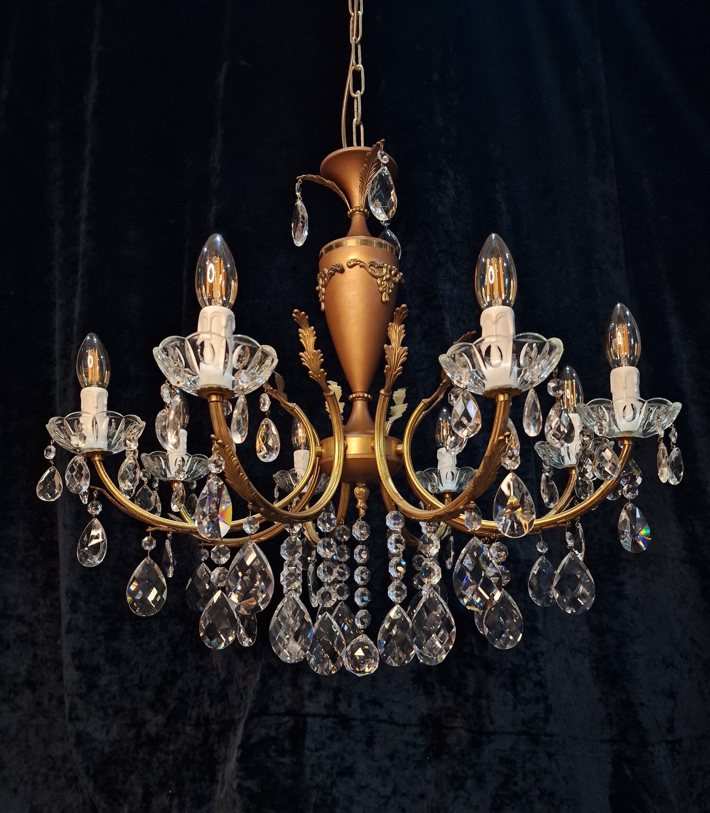 Beautiful Vintage Italian 8 Arm Brass and Crystal Leaf Chandelier Ceiling Light