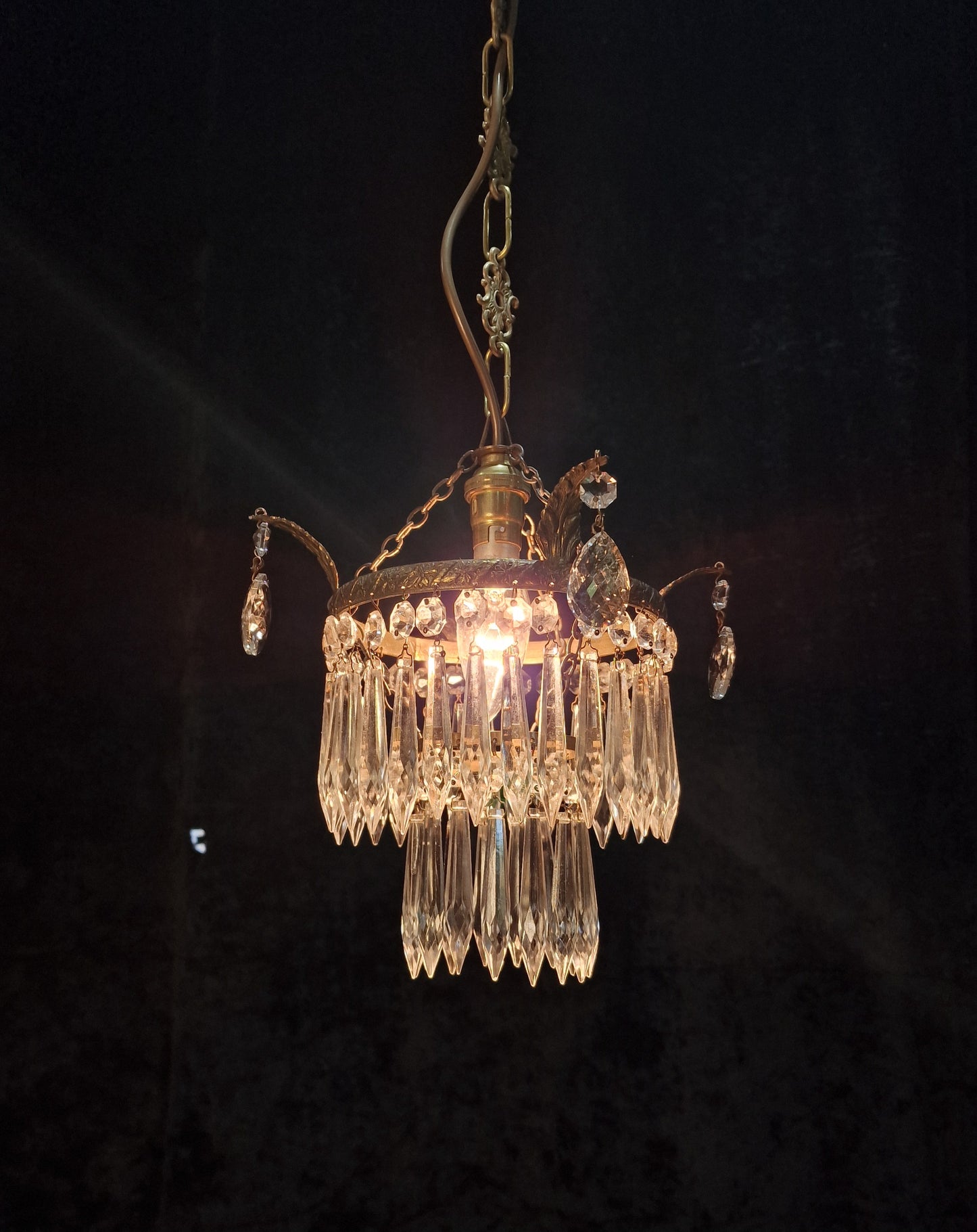 Lovely Antique French Brass Dainty 1 Light Glass Waterfall Leaf Chandelier