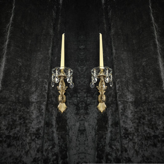 Decorative Pair Vintage Italian Brass 1 Arm Crystal Candle Wall Lights Sconces