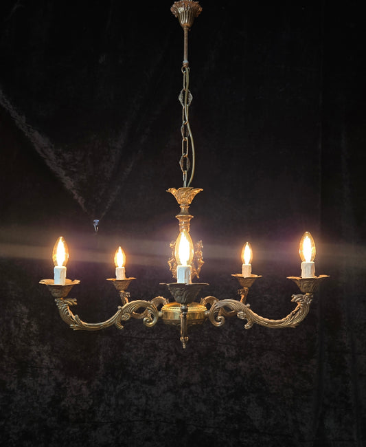 Decorative Vintage Italian 5 Arm Brass Cherub Flower Chandelier Ceiling Light