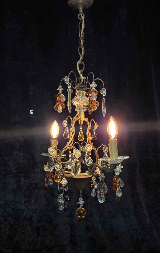 Fabulous Antique French 2 Arm Caged Murano Crystal Brass Chandelier Light