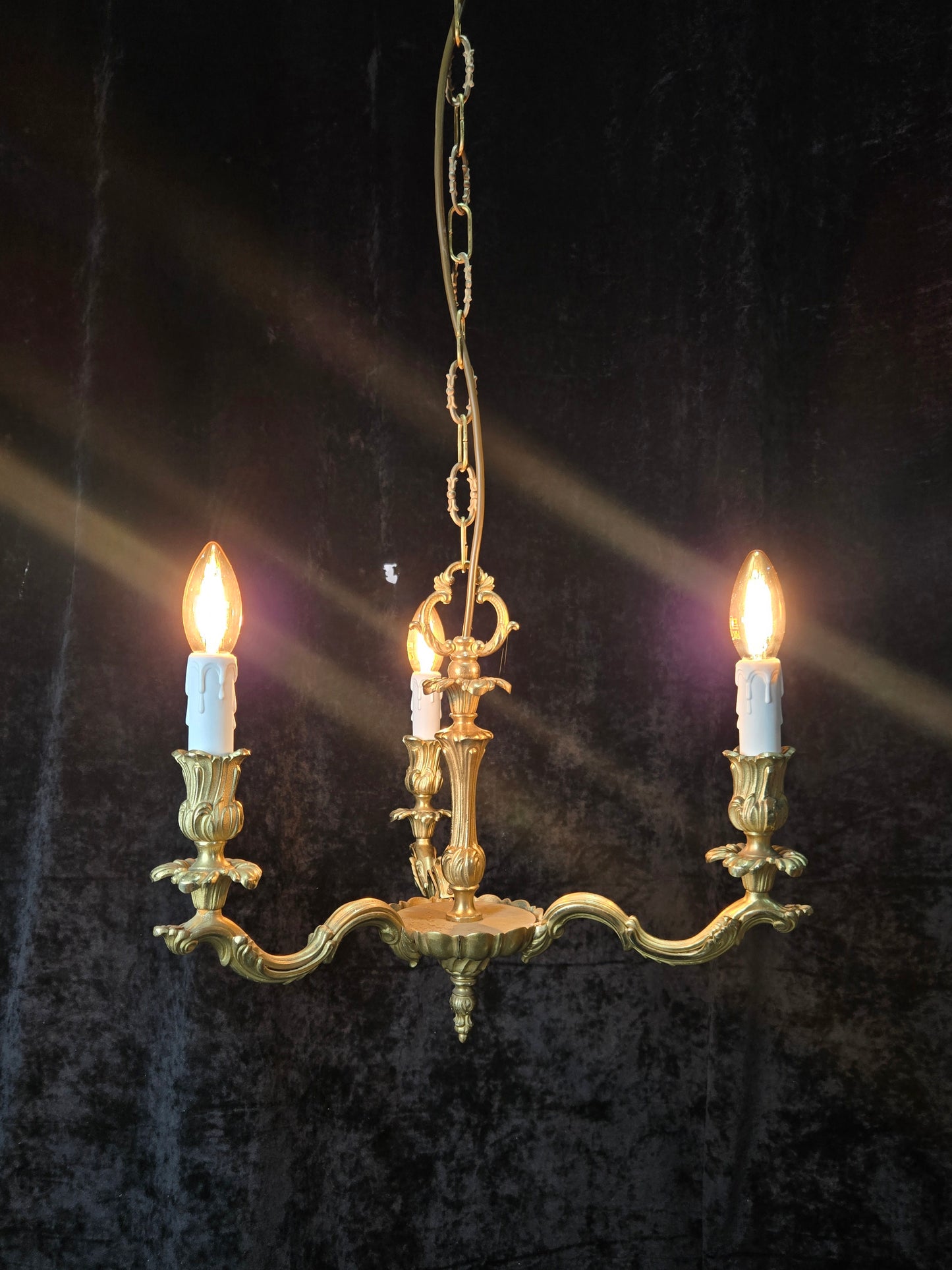 Traditional Antique French Solid Brass 3 Arm Rococo Style Chandelier Light