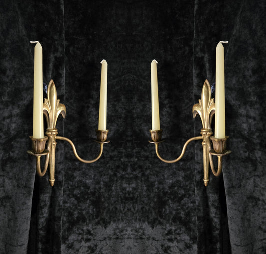 Decorative Pair Antique French Fleur De Lis Brass 2 Arm Candle Wall Lights