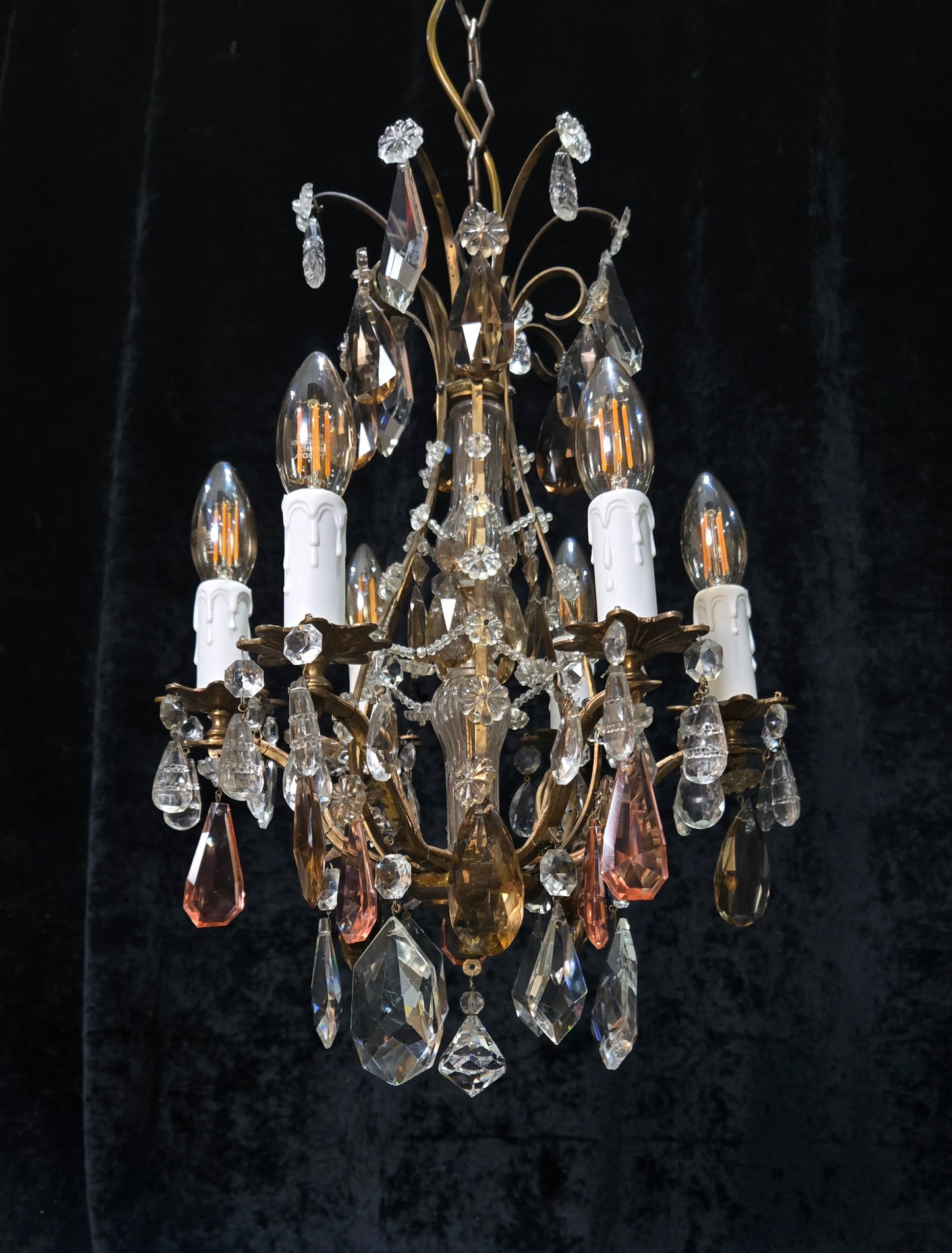 Beautiful Antique Italian 6 Arm Brass Crystal Cage Chandelier Ceiling Light