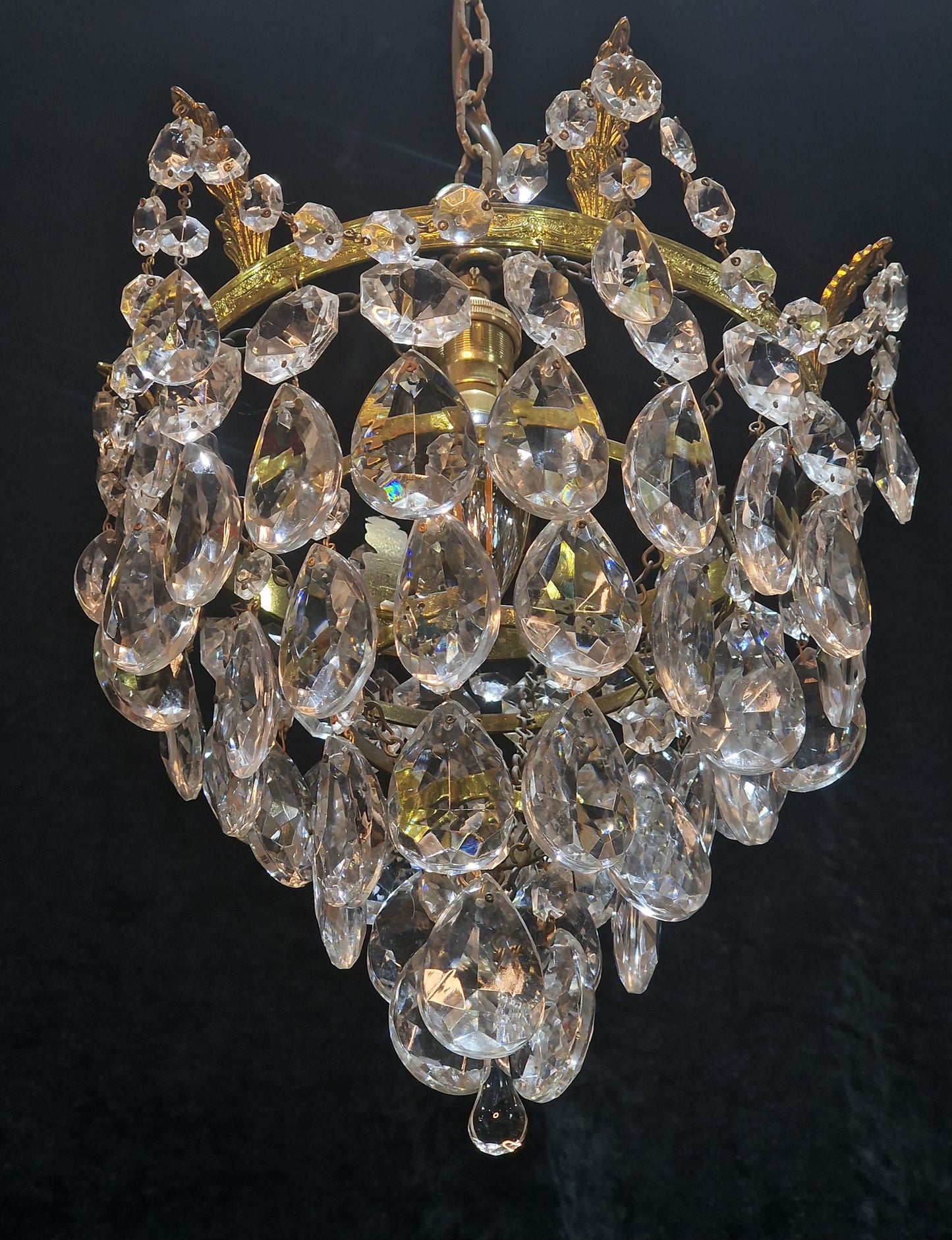 Lovely Vintage French Brass 1 Light Crystal Glass 4 Tier Waterfall Leaf Chandelier
