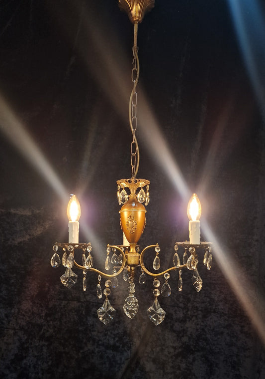 Lovely Vintage Italian 3 Arm Brass Crystal Leaf Chandelier Ceiling Light