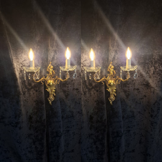 Fabulous Pair Vintage Italian 2 Arm Brass Cherub Crystal Wall Lights Sconces