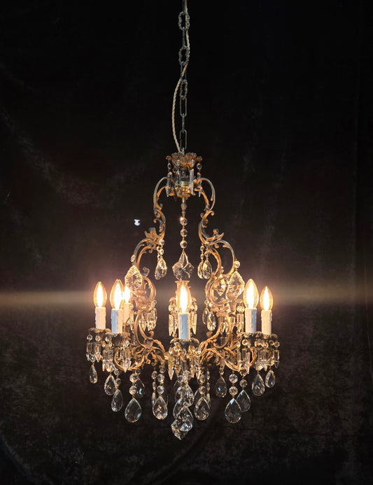 Fabulous Antique Italian 8 Arm 4 Candle Cage Brass Crystal Chandelier Light