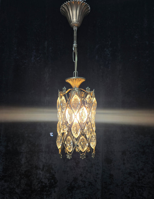 Unique Vintage Italian 1 Light Brass Small Cylinder Crystal Caged Chandelier