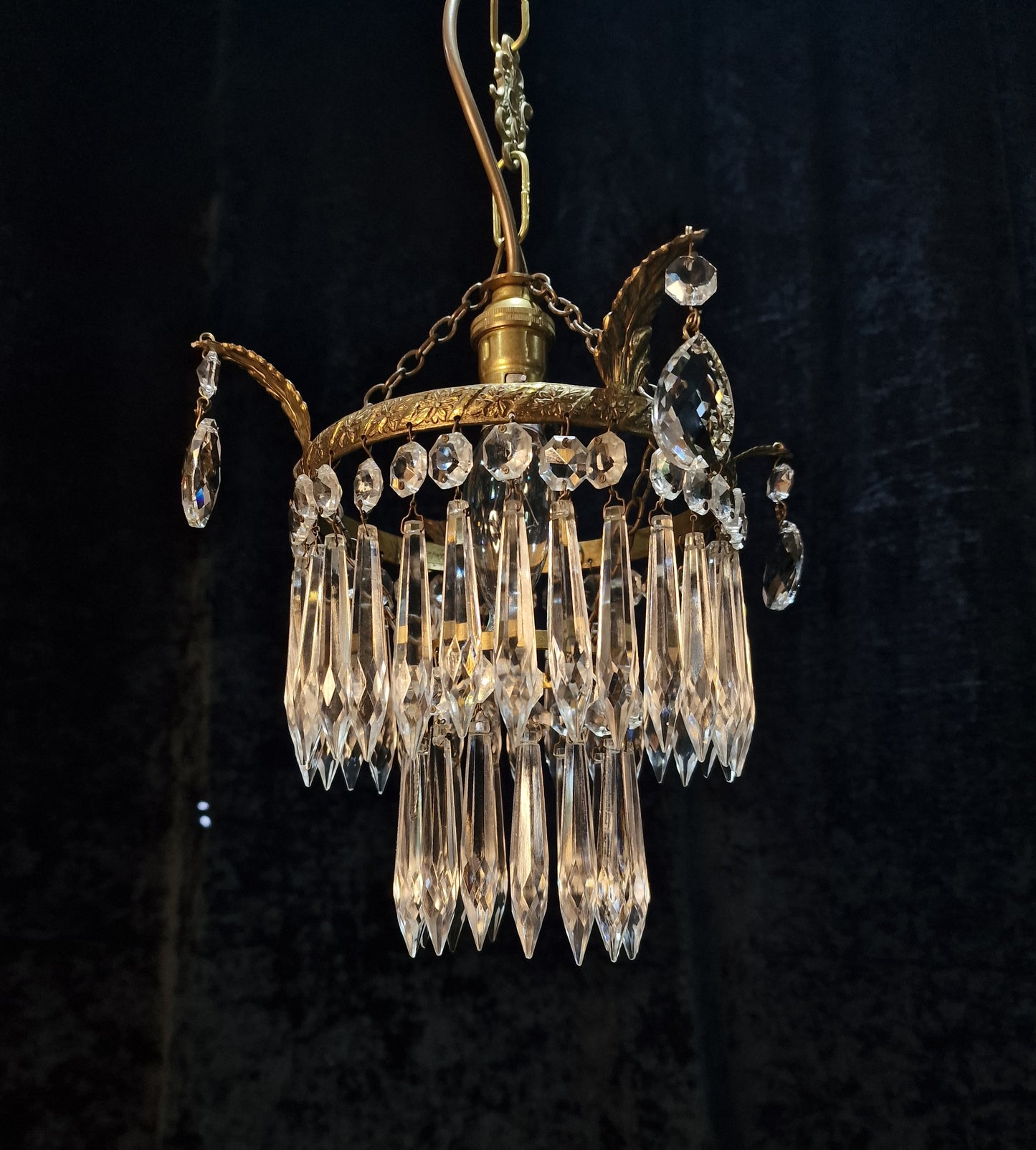 Lovely Antique French Brass Dainty 1 Light Glass Waterfall Leaf Chandelier