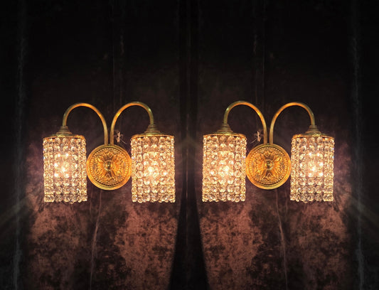 Beautiful Pair of Vintage French 2 Arm Brass Wall Lights with Crystal Shades