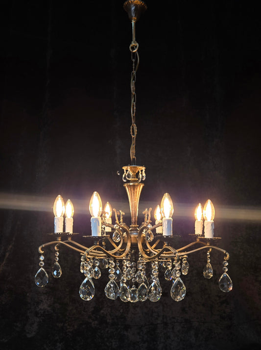 Gorgeous Vintage Italian 8 Arm Crystal Brass Leaf Chandelier Ceiling Light