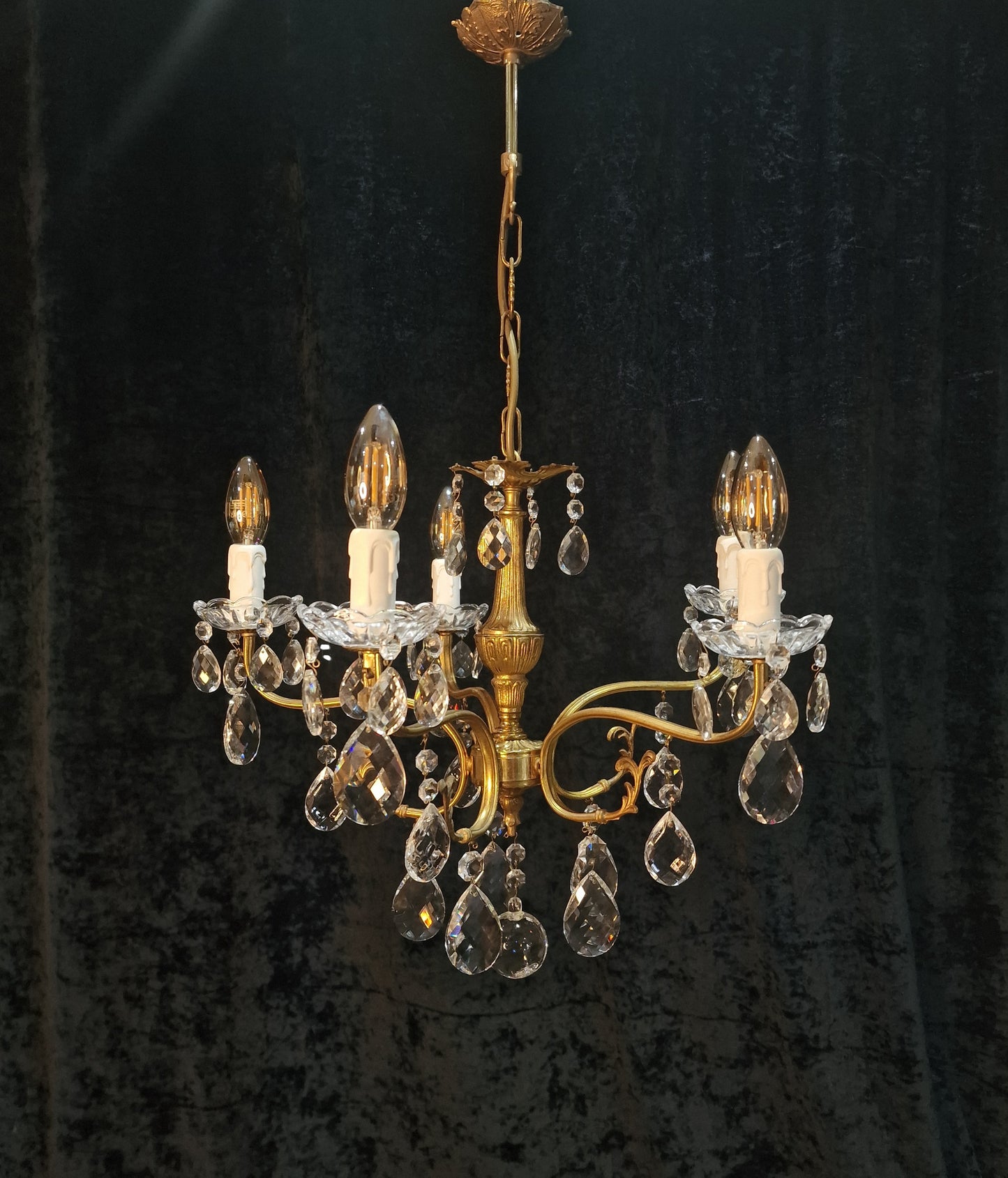 Lovely Vintage French 5 Arm Brass and Crystal Leaf Chandelier Ceiling Light