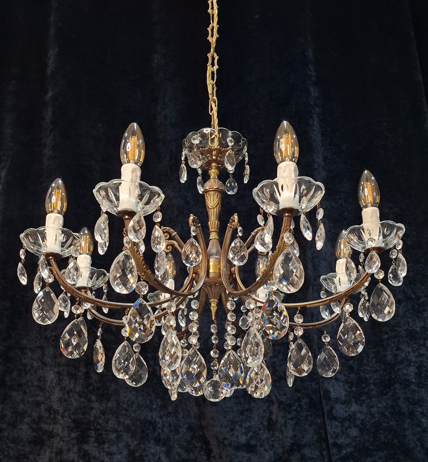 RESERVED Decorative 8 Arm Vintage Italian Glass Crystal and Brass Leaf Chandelier Light
