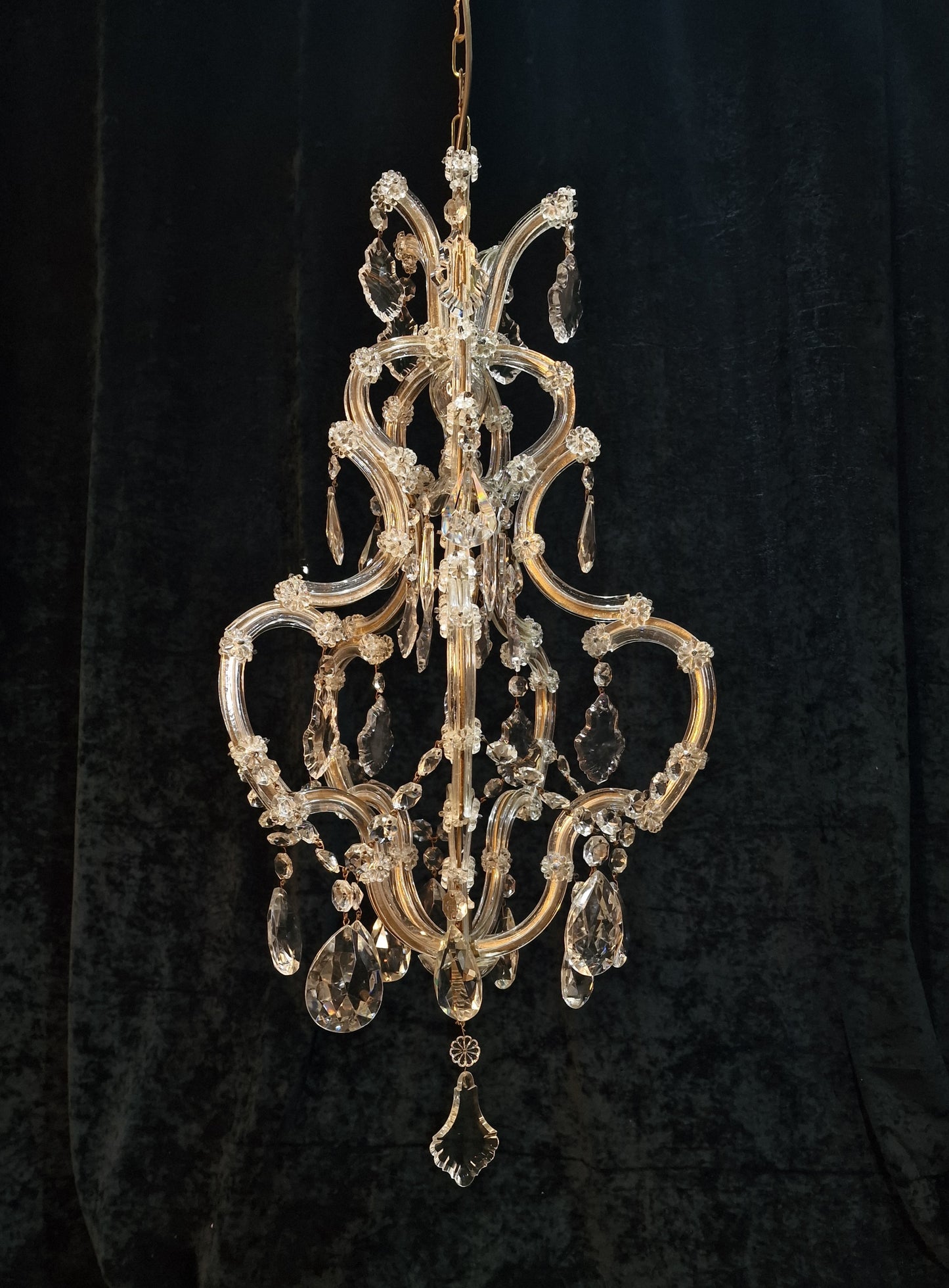 Gorgeous Vintage French Tall 1 Light Brass Glass Marie Therese Cage Chandelier