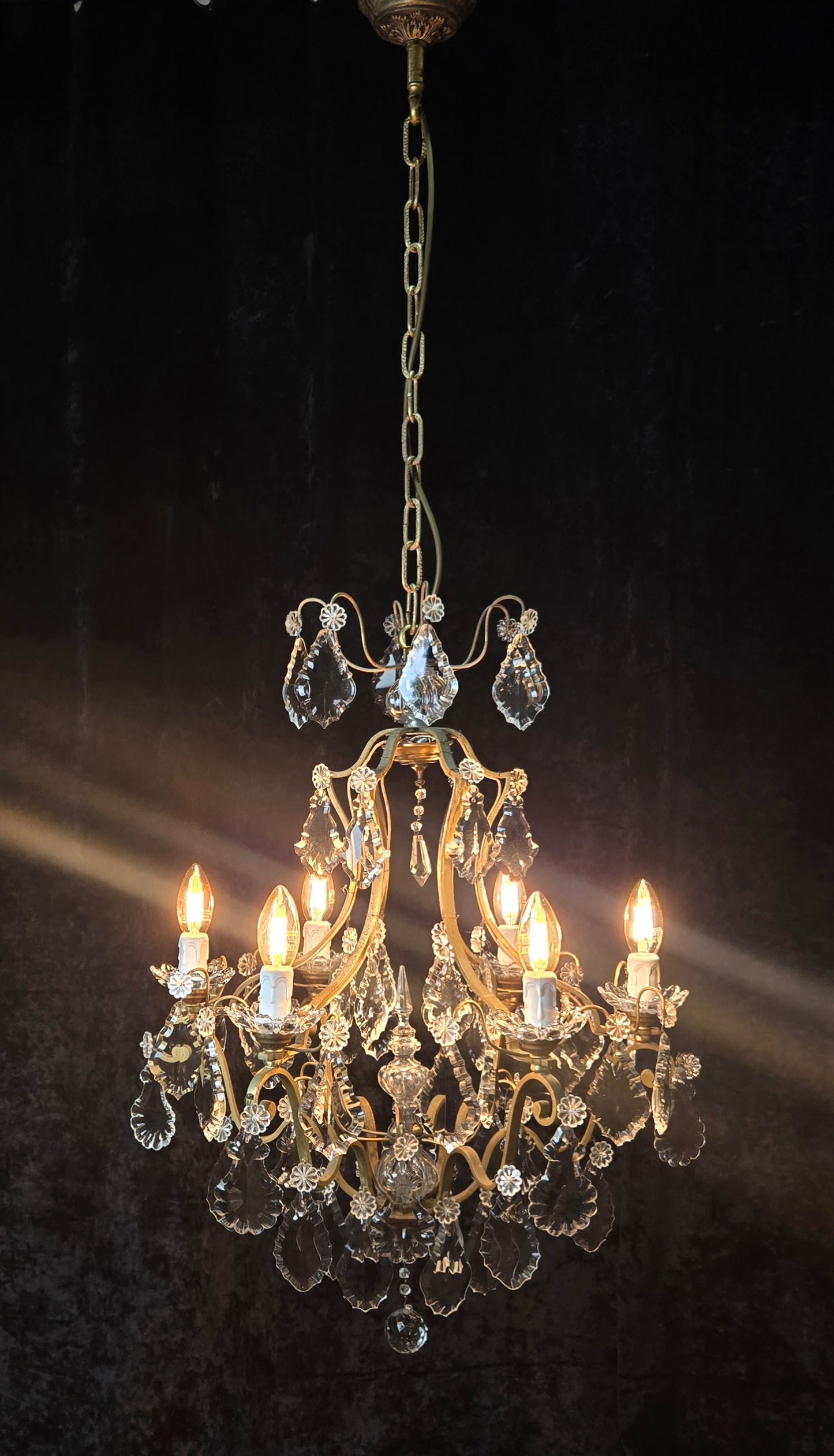 Classical Antique French 6 Arm Caged Bronze Crystal Chandelier Ceiling Light
