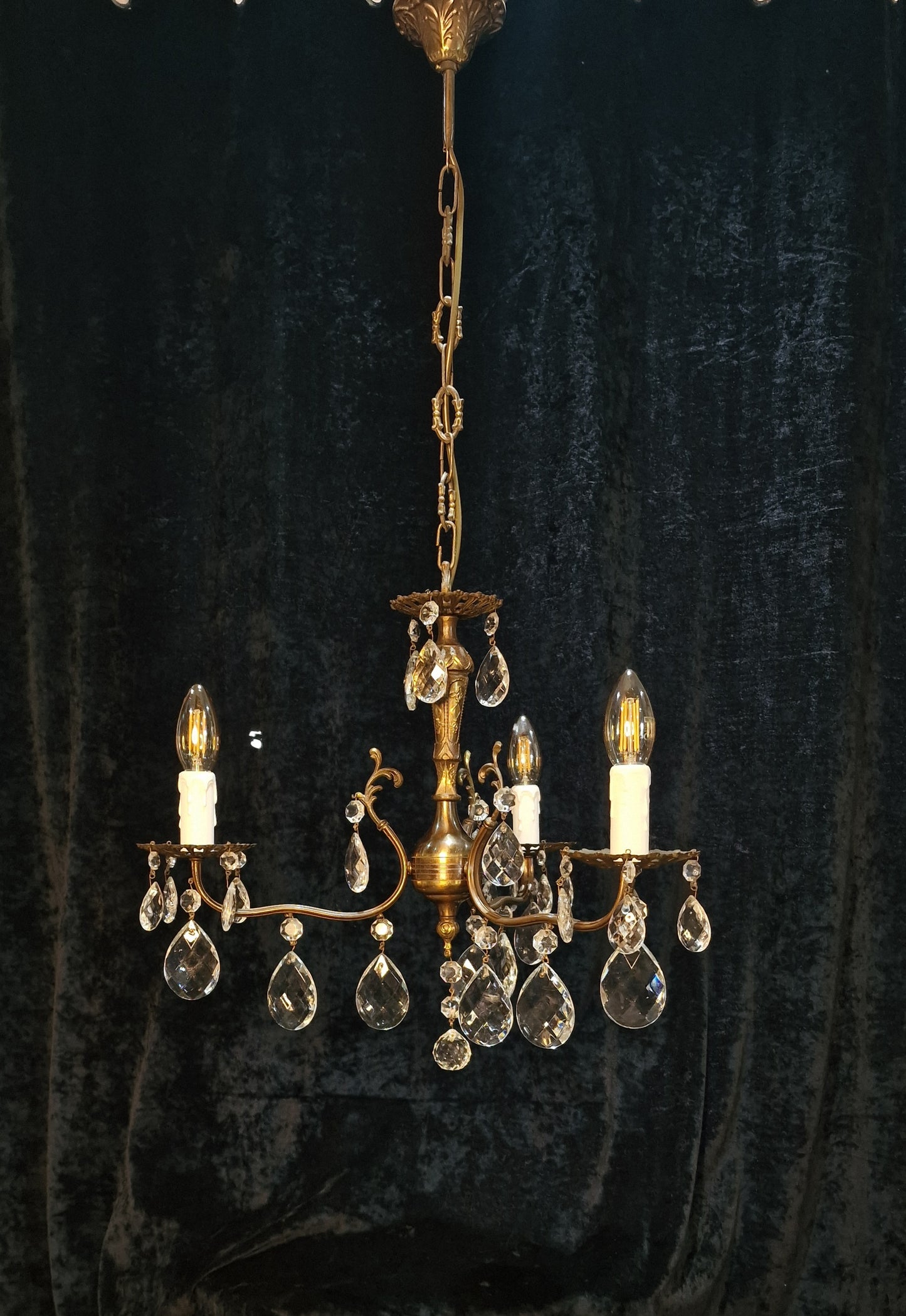 RESERVED Beautiful Vintage Italian 3 Arm Crystal Aged Brass Leaf Chandelier Ceiling Light