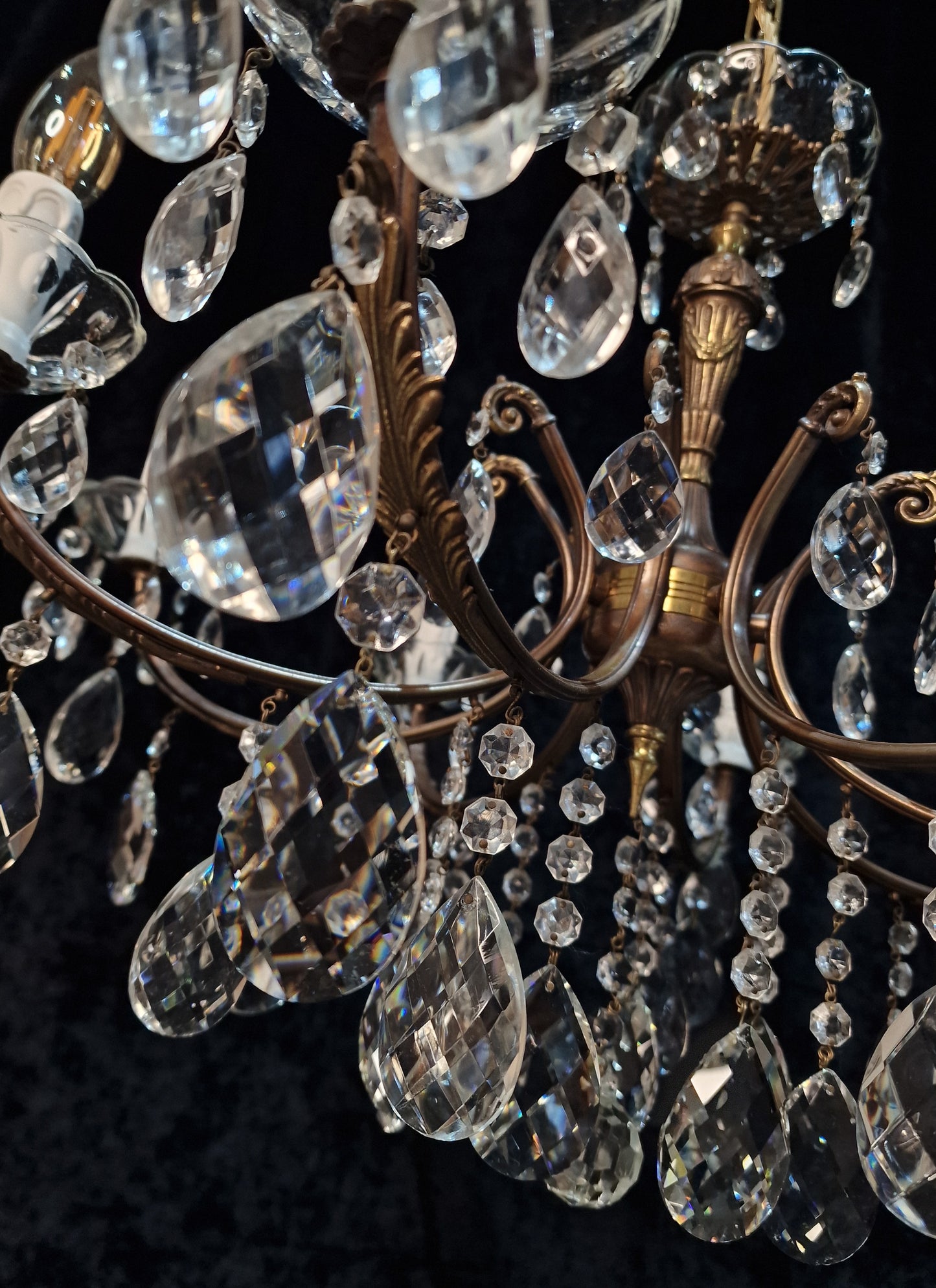 RESERVED Decorative 8 Arm Vintage Italian Glass Crystal and Brass Leaf Chandelier Light