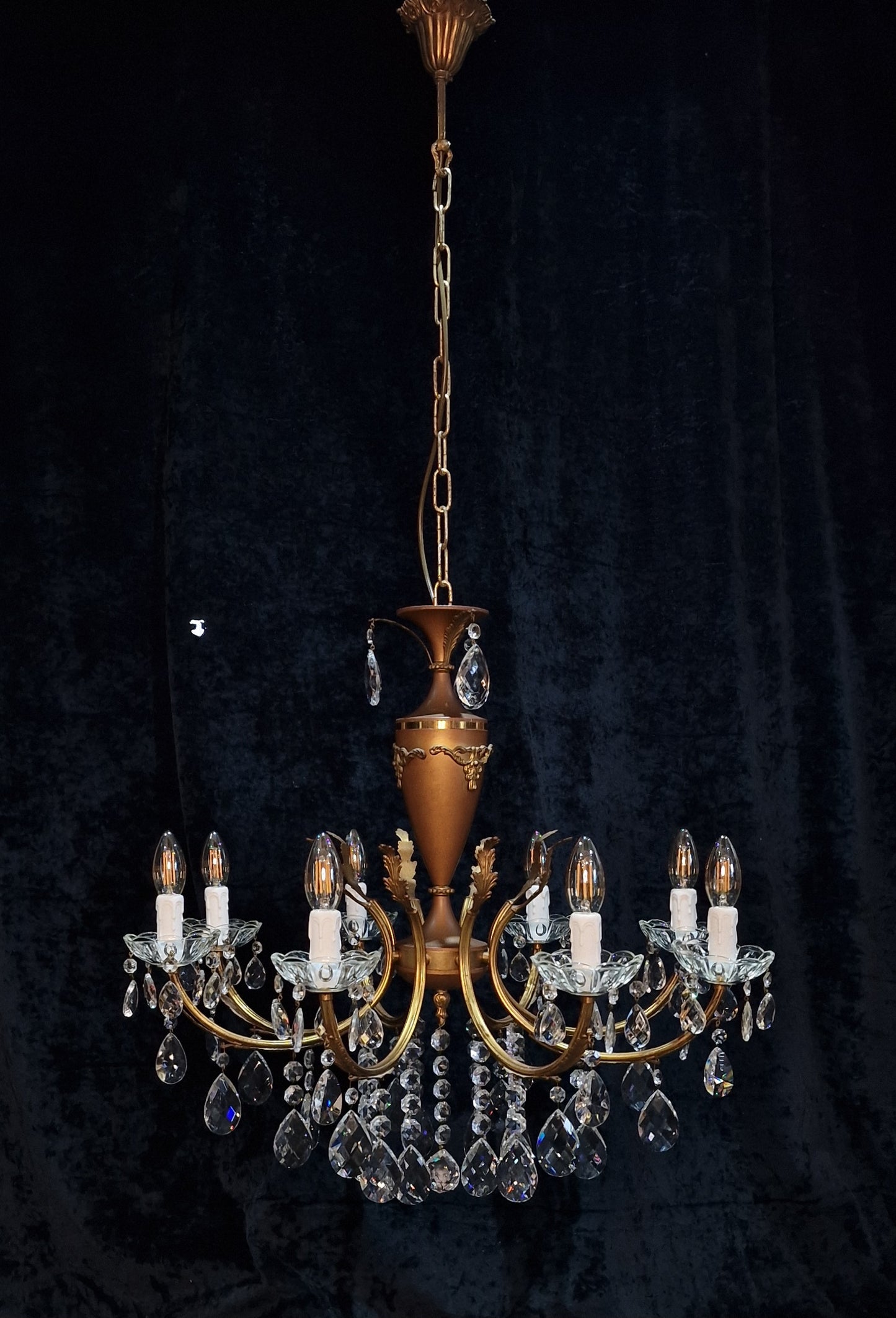 Beautiful Vintage Italian 8 Arm Brass and Crystal Leaf Chandelier Ceiling Light