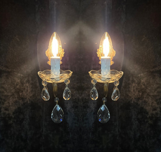 Decorative Pair Vintage Italian Brass Crystal 1 Arm Wall Lights Sconces