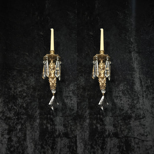 Decorative Pair Vintage Italian Brass Crystal Cherub Candle Wall Lights Sconces
