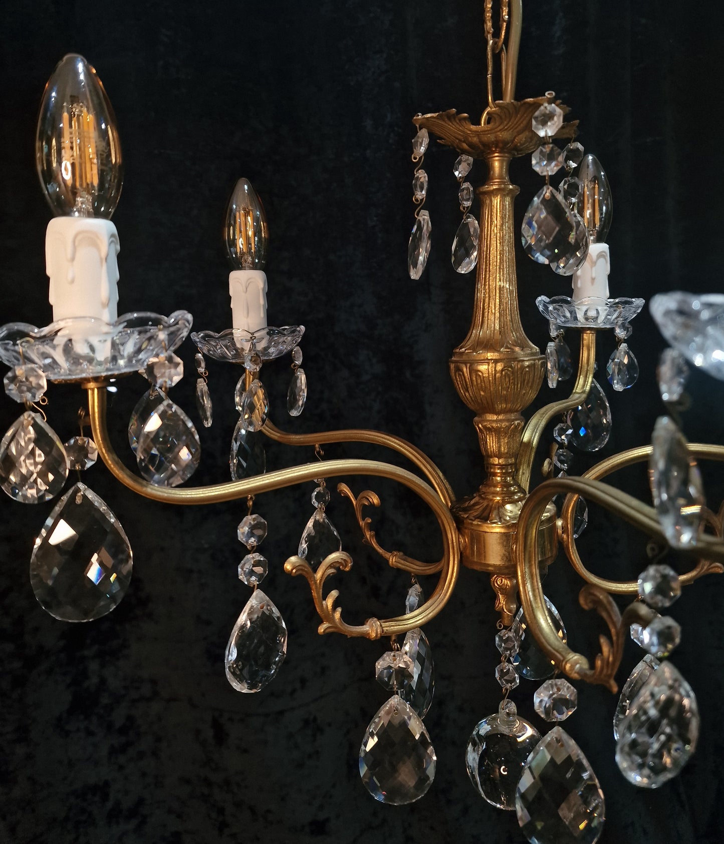 Lovely Vintage French 5 Arm Brass and Crystal Leaf Chandelier Ceiling Light
