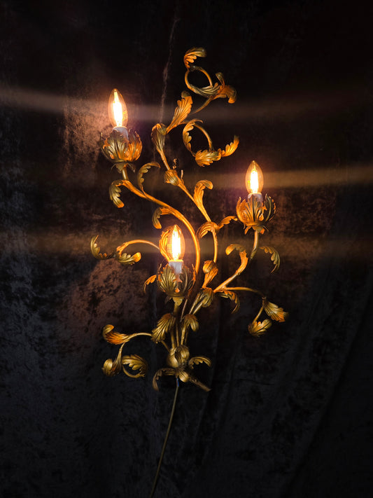 Decorative Large Vintage Italian 3 Light Gilded Toleware Florentine Sconce Light