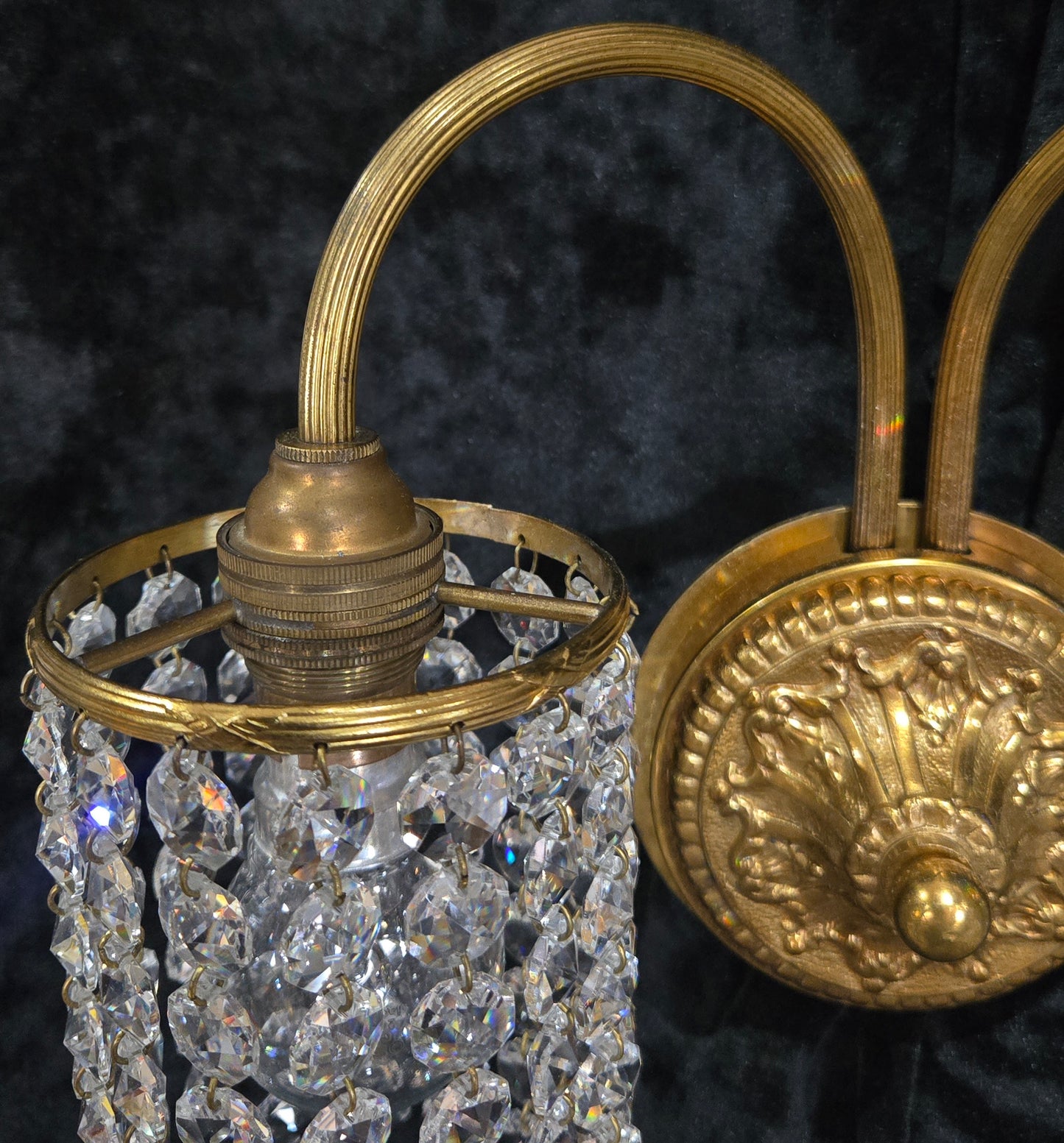 Beautiful Pair of Vintage French 2 Arm Brass Wall Lights with Crystal Shades