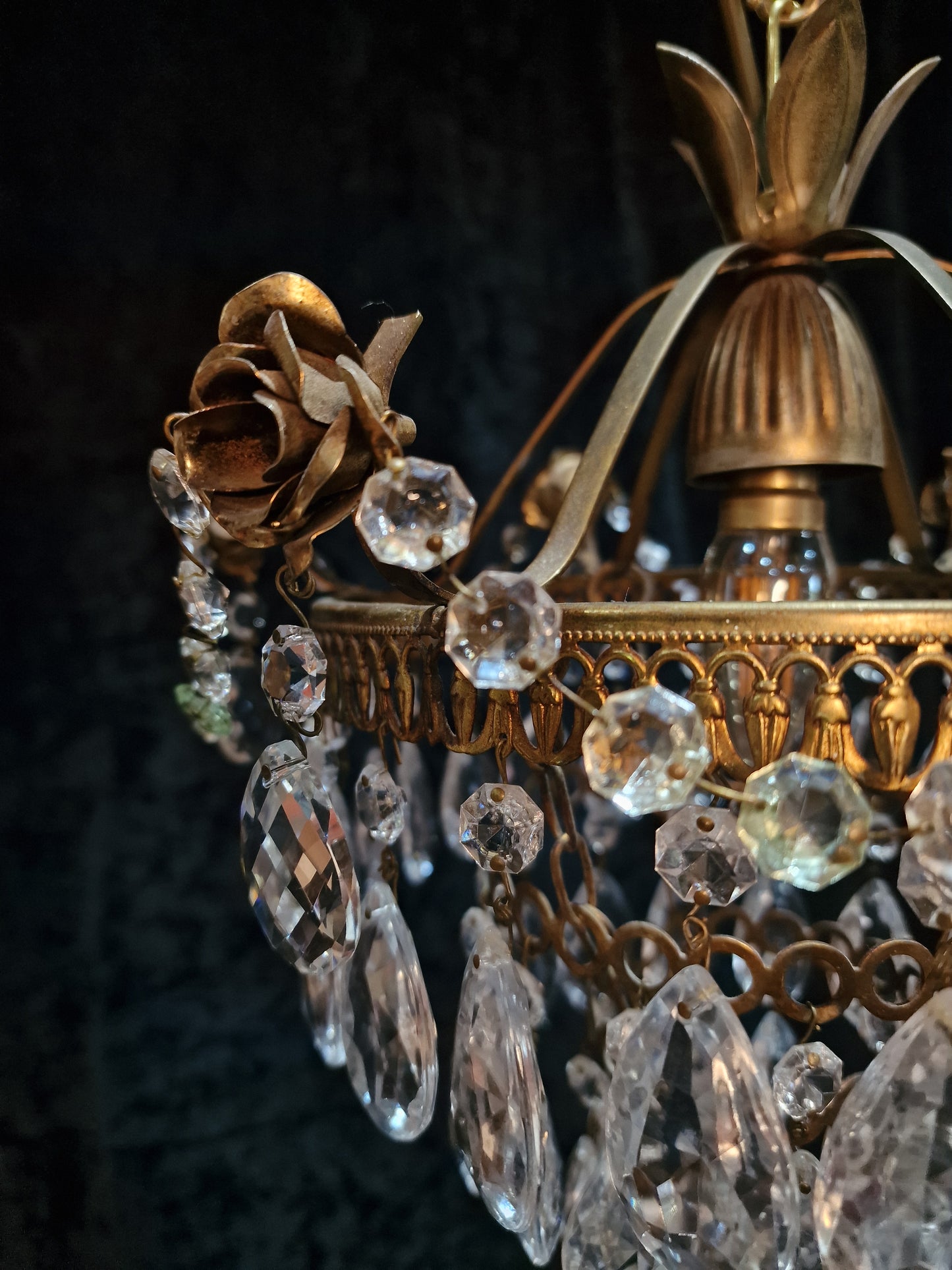 Lovely Vintage French Metal 1 Light Crystal Glass 3 Tier Waterfall Roses Chandelier