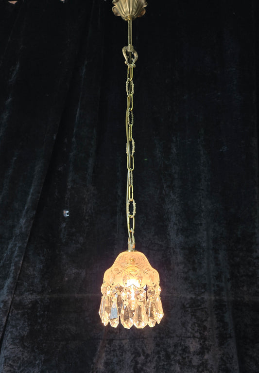 Beautiful Petite Cut Glass Crystal Antique Shade Brass Pendant Light Chandelier