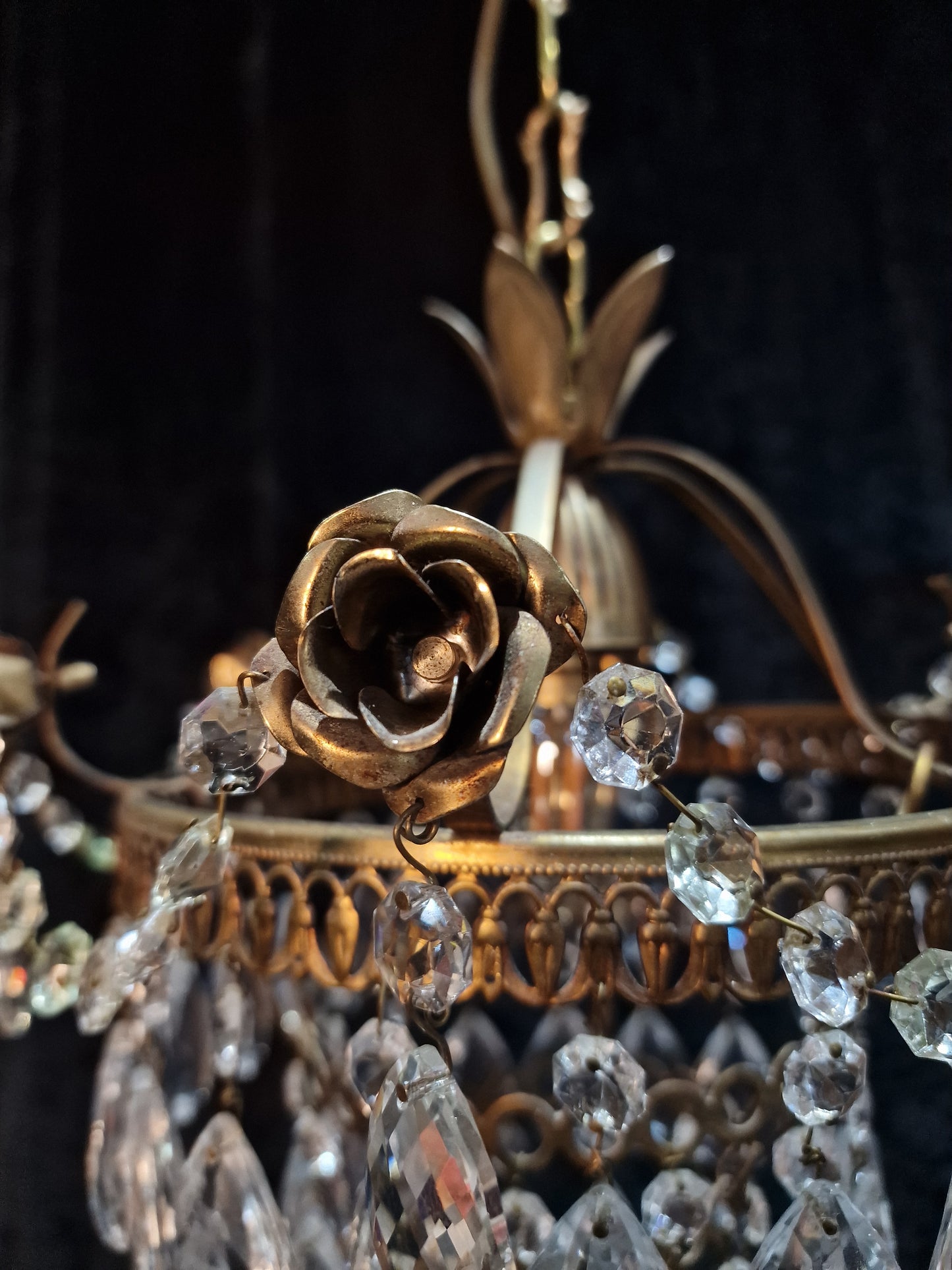 Lovely Vintage French Metal 1 Light Crystal Glass 3 Tier Waterfall Roses Chandelier