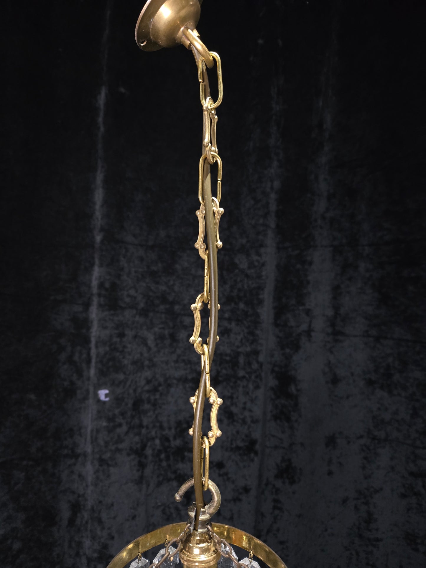 Petite Vintage French Crystal Half Bag Brass Leaf Chandelier Ceiling Light