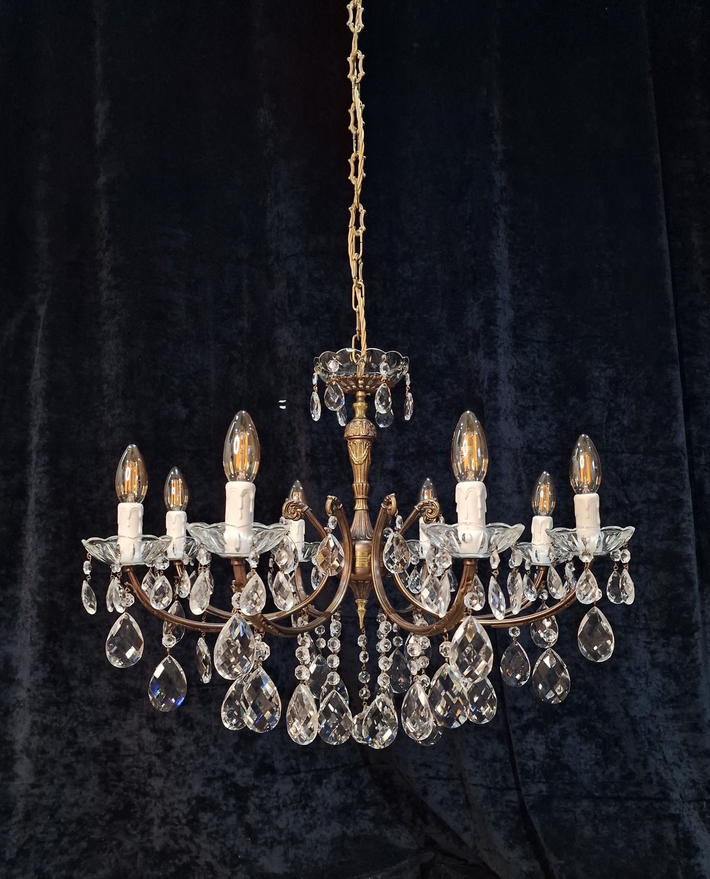RESERVED Decorative 8 Arm Vintage Italian Glass Crystal and Brass Leaf Chandelier Light