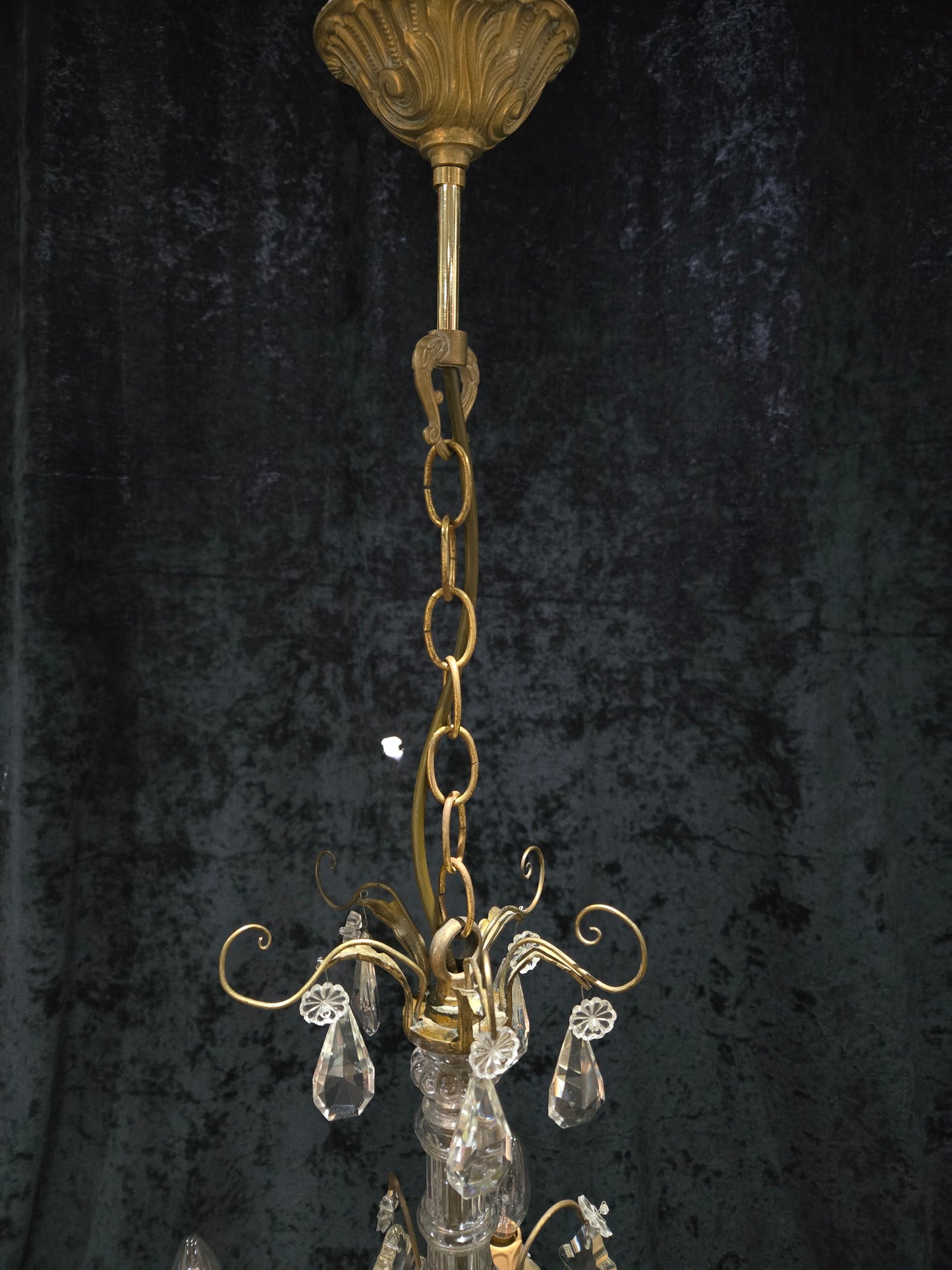 Beautiful Antique French 6 Arm Brass 3 Tier Crystal Chandelier Ceiling Light