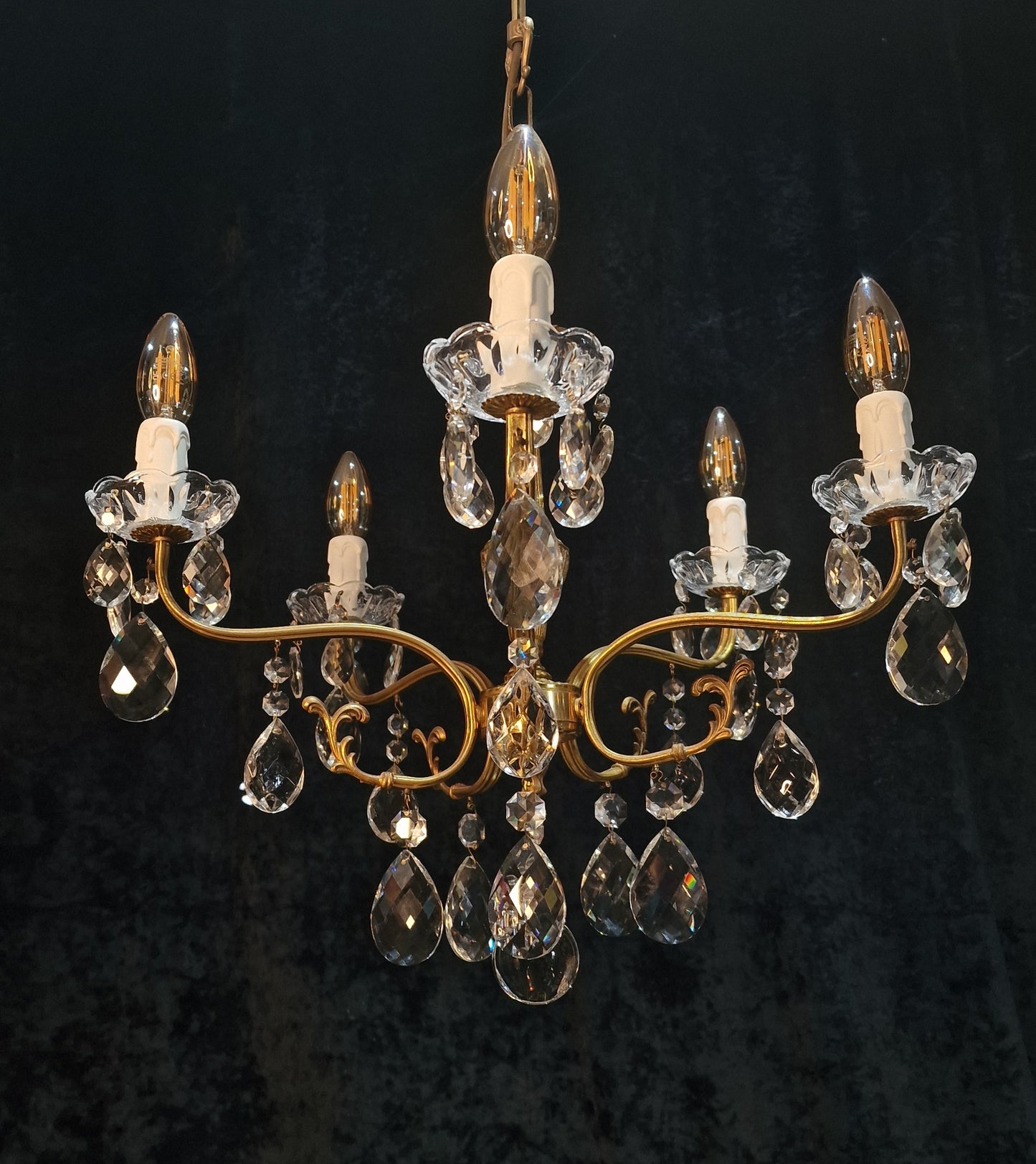 Lovely Vintage French 5 Arm Brass and Crystal Leaf Chandelier Ceiling Light