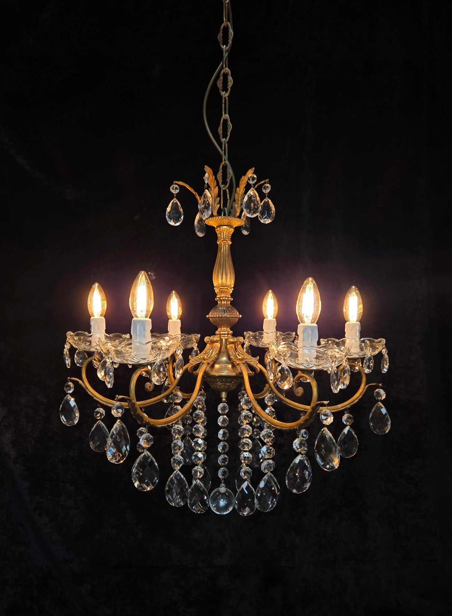 Gorgeous Heavy Vintage Italian 6 Arm Brass Leaf Crystal Chandelier Ceiling Light