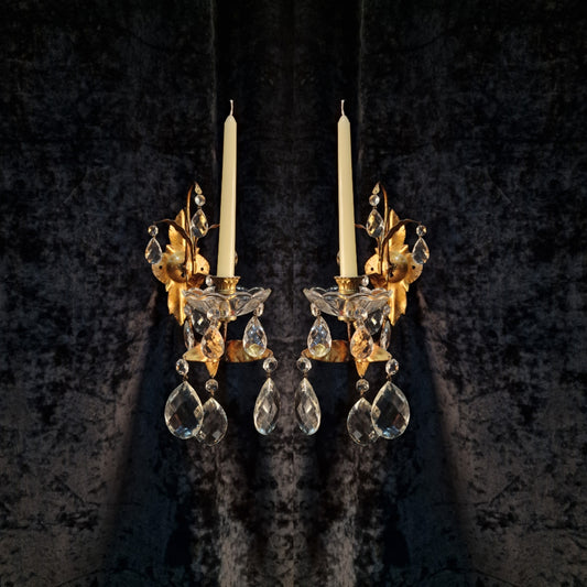 Stunning Pair Vintage Italian 1 Arm Florentine Toleware Candle Crystal Sconces