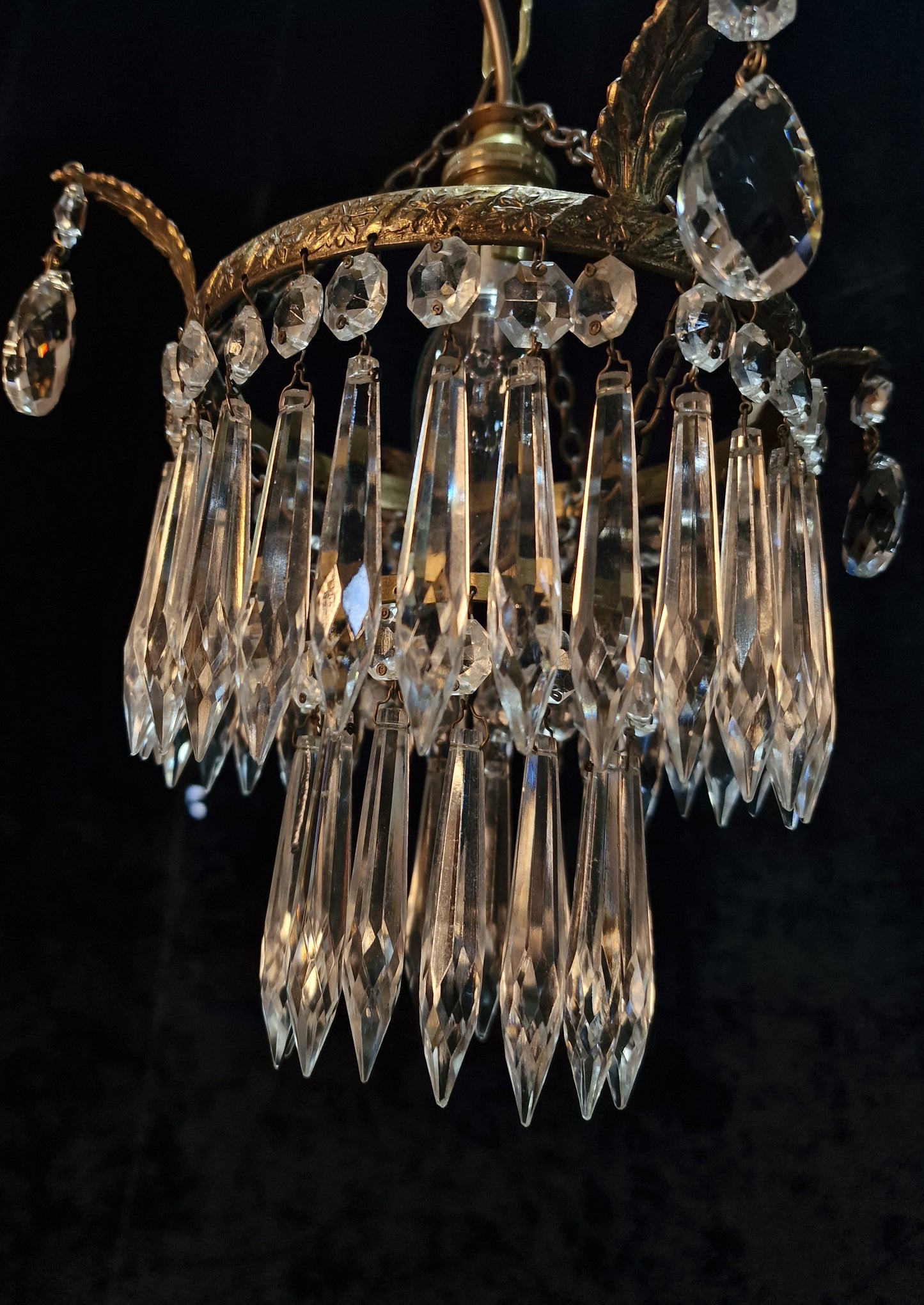 Lovely Antique French Brass Dainty 1 Light Glass Waterfall Leaf Chandelier