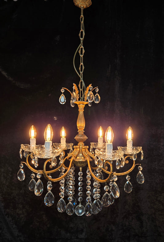 Gorgeous Heavy Vintage Italian 6 Arm Brass Leaf Crystal Chandelier Ceiling Light