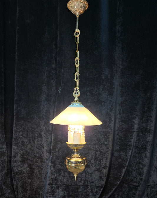 Unique Vintage Milk Glass Brass Bouillotte Oil Lamp Style 3 Light Chandelier